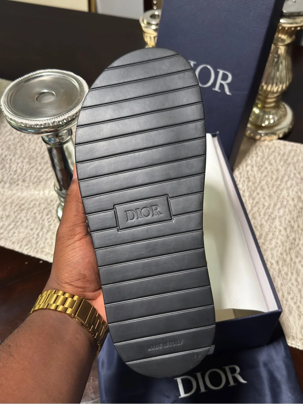 Dior Men’s Black Footbed Olive Green Oblique Buckle Slide Sandals